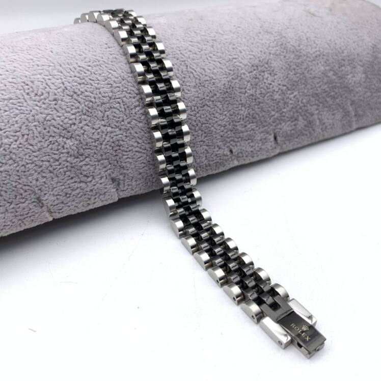 دستبند رولکس مشکی نقره ای